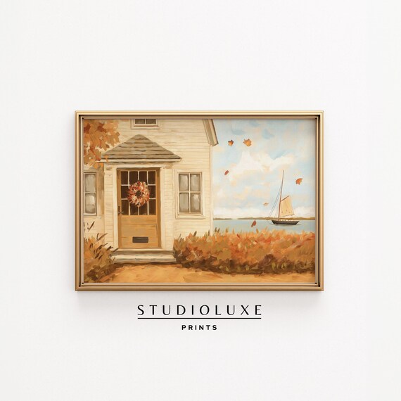 Fall Coastal Cottage Front Door Wreath Sailboat Harbor Wall Art