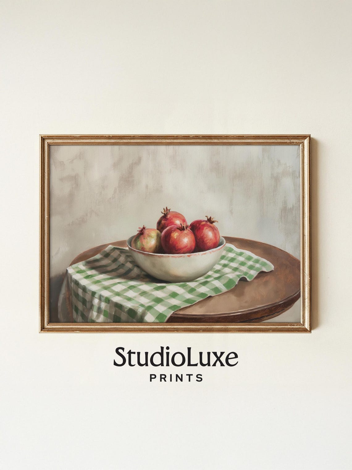 Pomegranate Bowl Still Life Poster, Rustic Kitchen Painting on Gingham