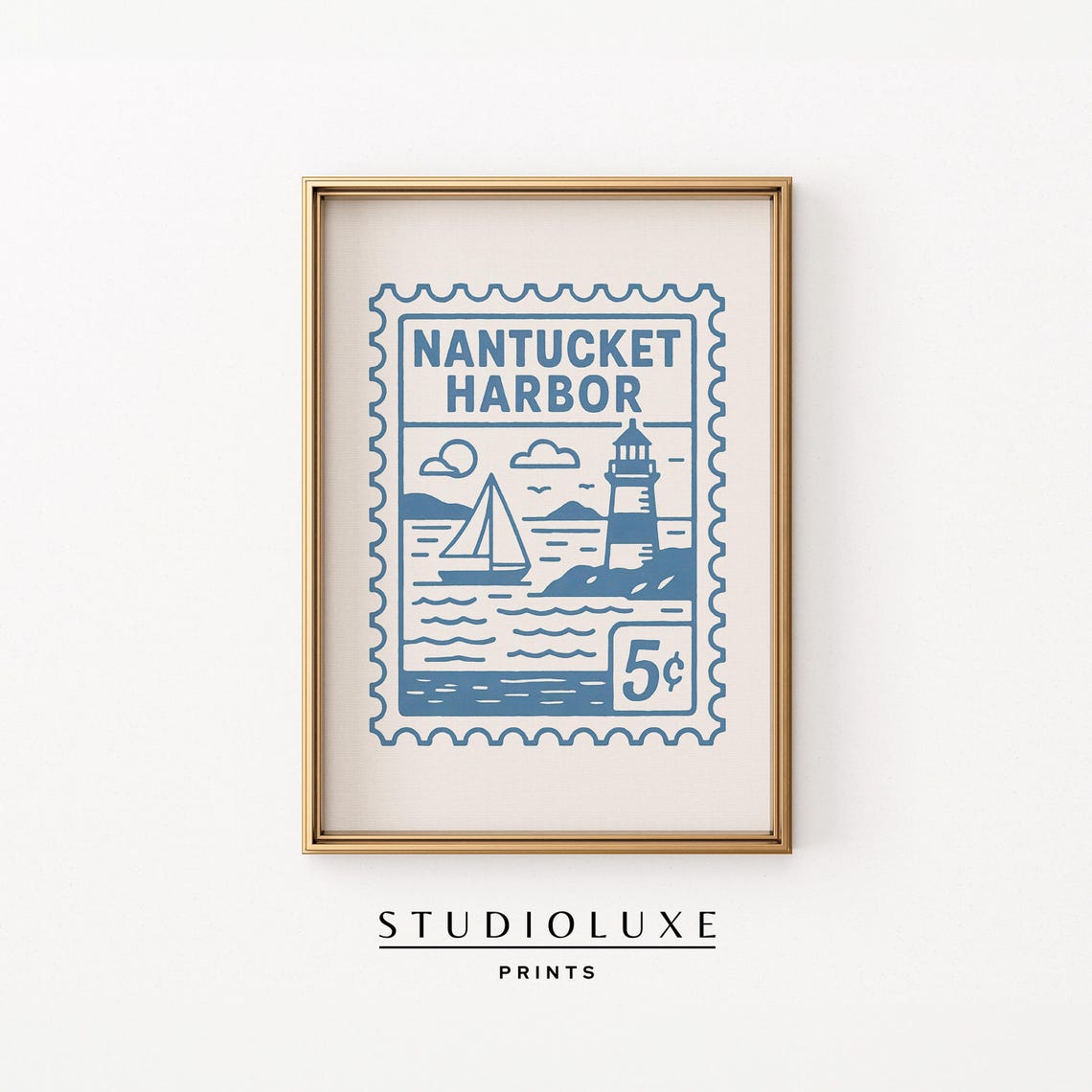 Nantucket Harbor Blue Postage Stamp Lighthouse Sailboat Travel Poster