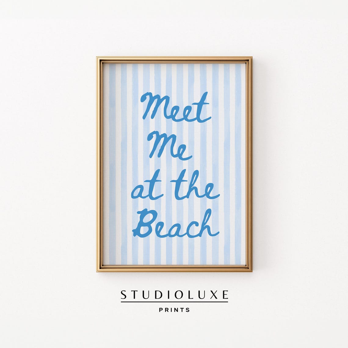 Meet Me at the Beach Script Quote Blue Stripe Coastal Poster