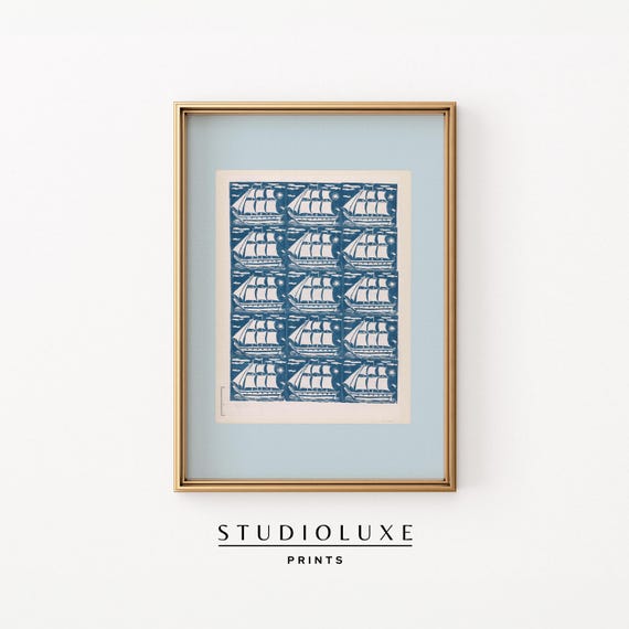 Vintage Blue Sailboats Wall Art Print Coastal Nautical Decor Seaside Maritime Living Illustration