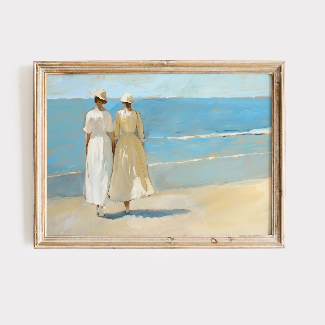 Two Women Walking On The Beach Vintage Coastal Friendship Art Poster