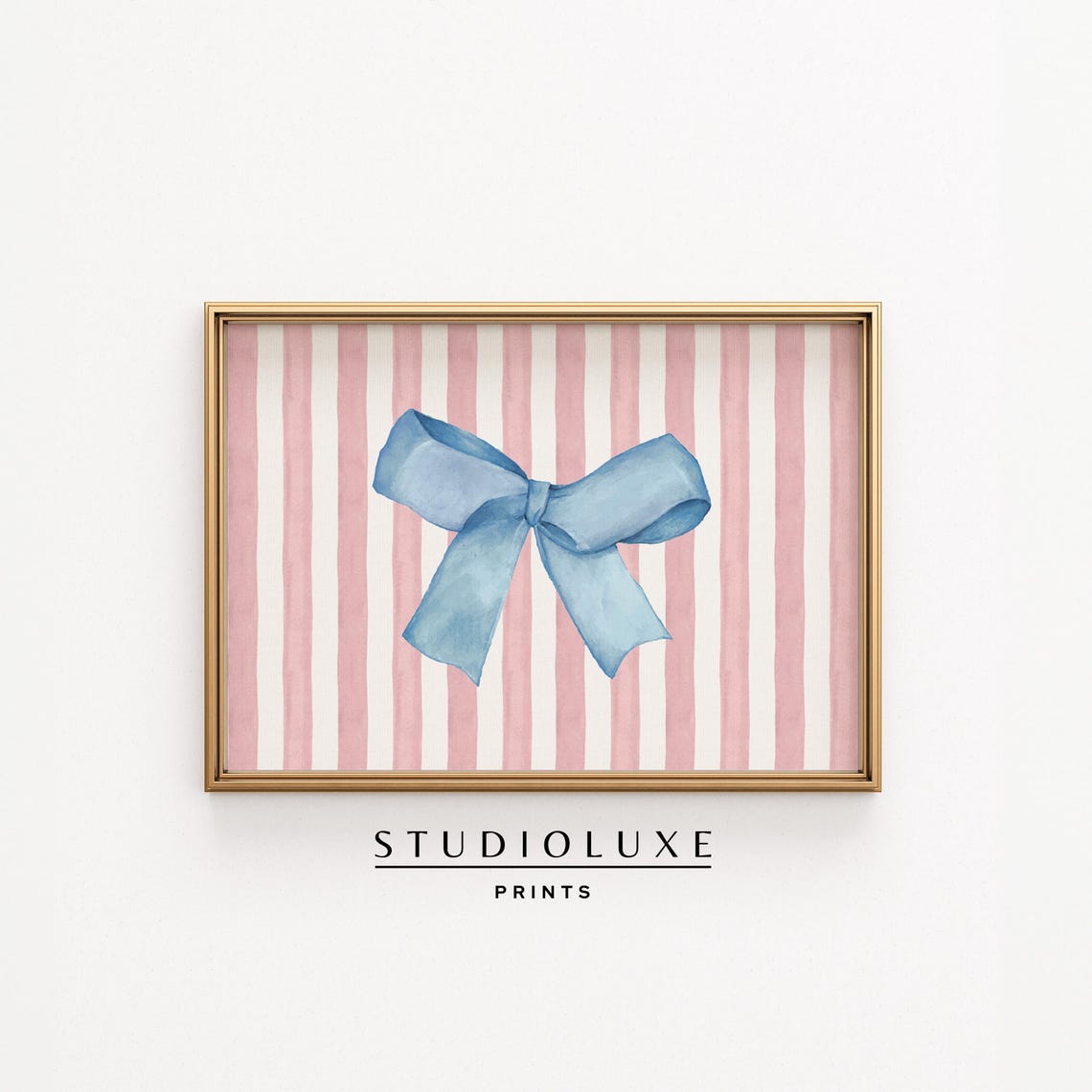 Blue Bow Wall Art Print Coquette Ribbon Decor Feminine Pink Stripe Girly Preppy For Nursery Bedroom Or Office