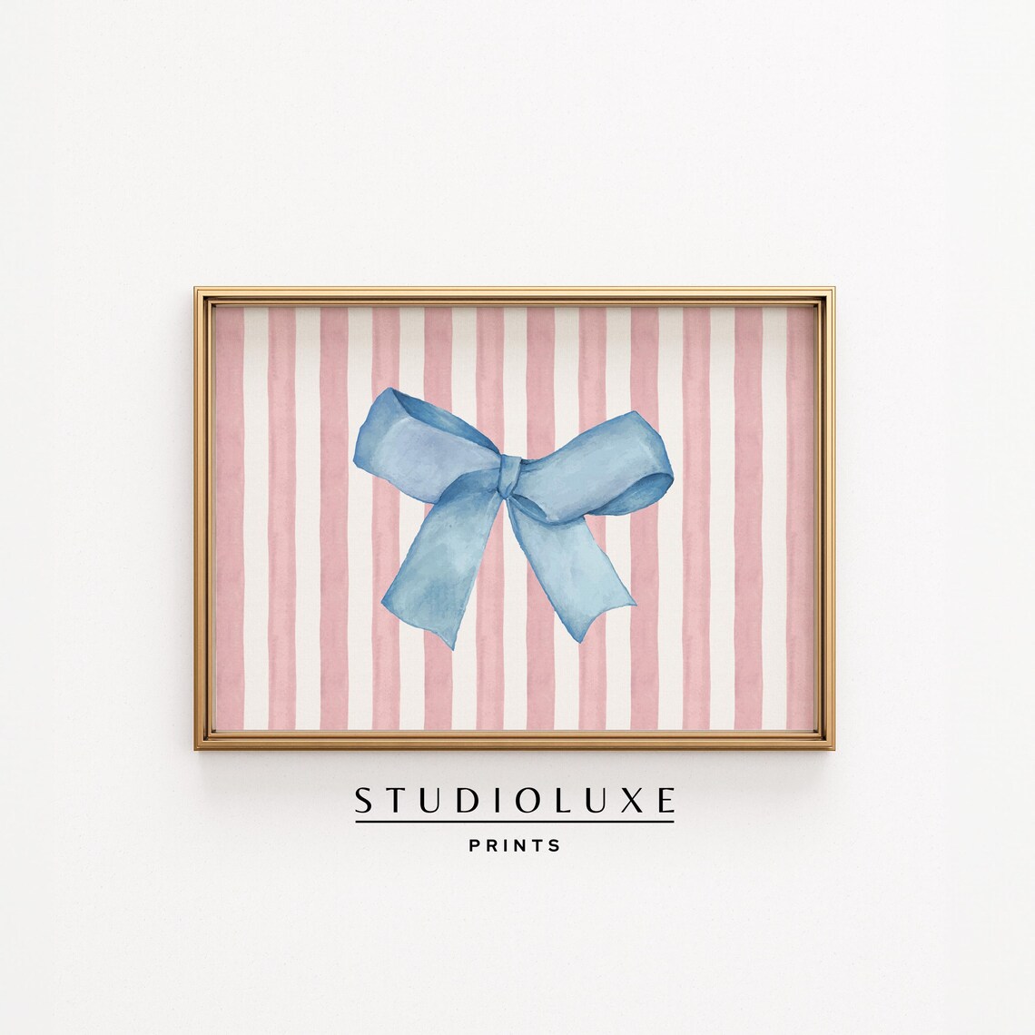 Blue Watercolor Ribbon Bow on Pink Stripes Coquette Style Art Print