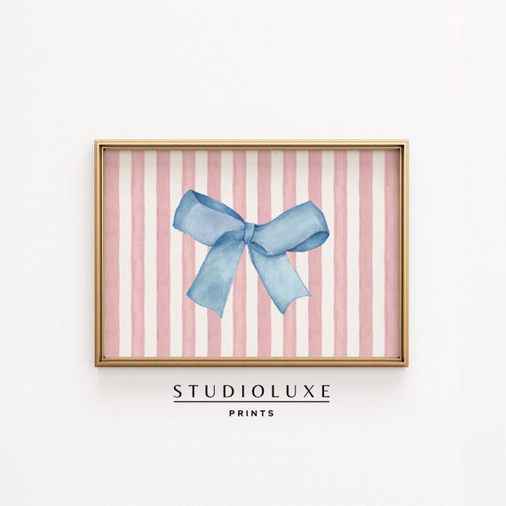 Blue Bow Wall Art Print Coquette Ribbon Decor Feminine Pink Stripe Girly Preppy For Nursery Bedroom Or Office