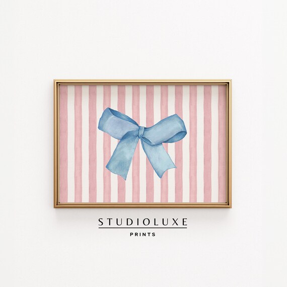 Blue Watercolor Ribbon Bow on Pink Stripes Coquette Style Art Print