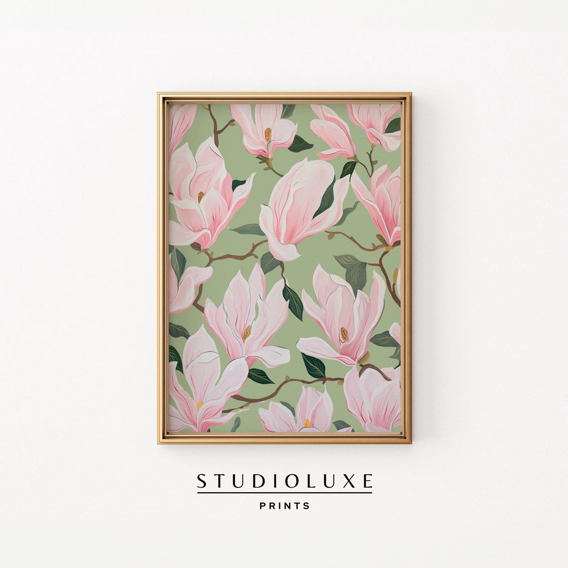 Pink Magnolia Blossoms Botanical Pattern on Sage Green Poster