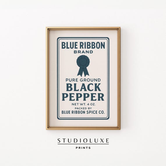Vintage Black Pepper Label Print Retro Blue Ribbon Brand Kitchen Wall Art Farmhouse Pantry Decor Classic Spice Tin Illustration