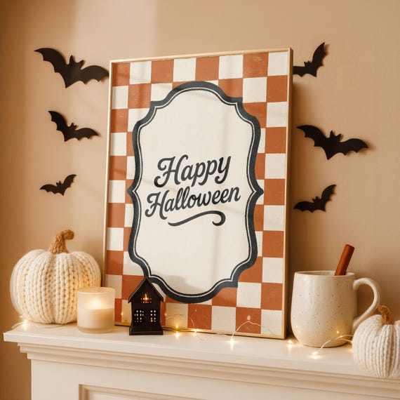 Happy Halloween Script Burnt Orange Checkerboard Vintage Sign Poster