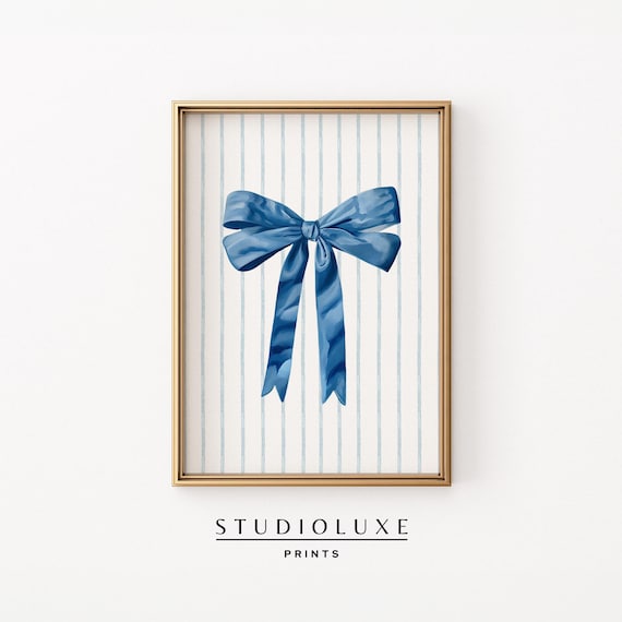 Navy Blue Watercolor Ribbon Bow on Blue and White Stripes Poster