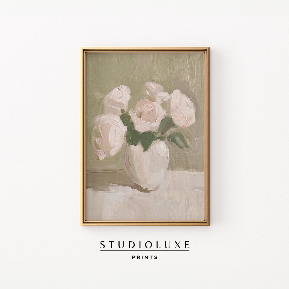 Blush White Roses Arranged in a Cream Ceramic Vase Floral Poster