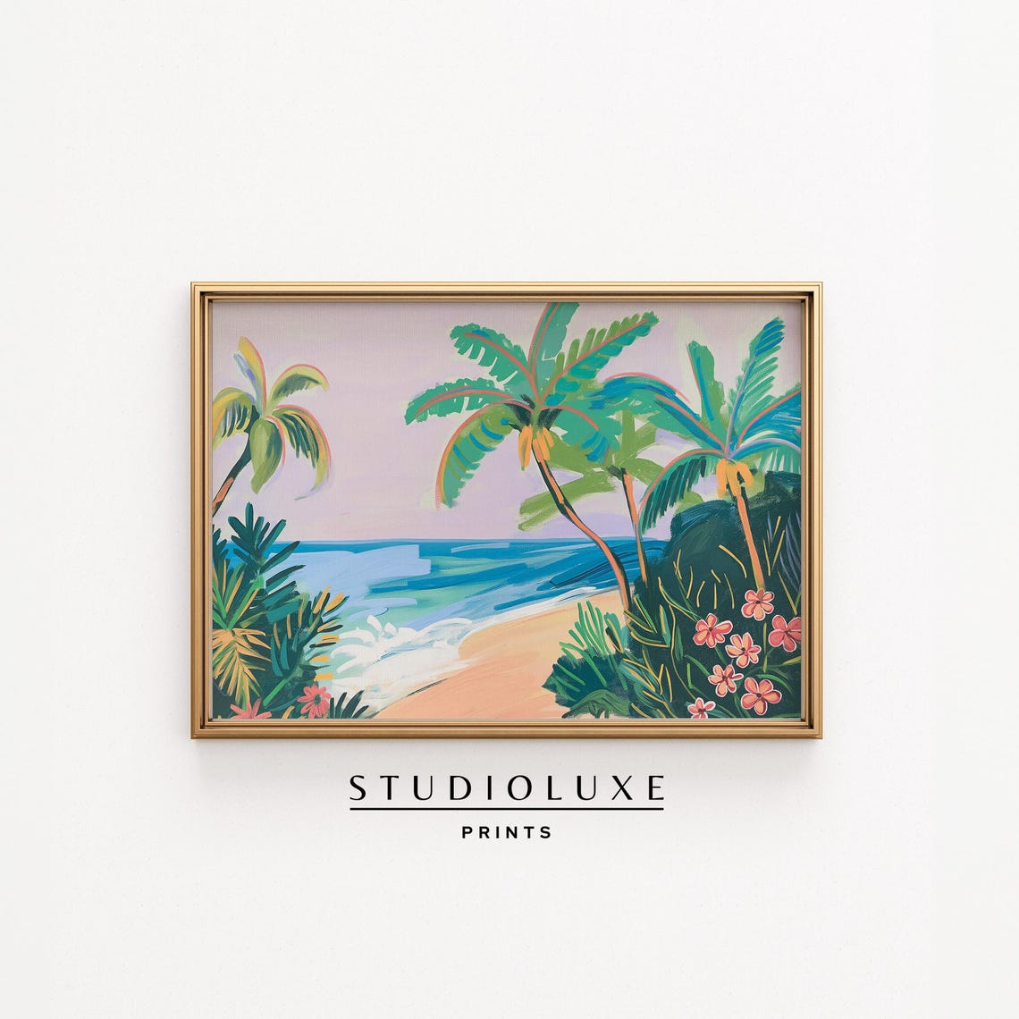 Tropical Island Beach with Palm Trees Colorful Island Art Poster