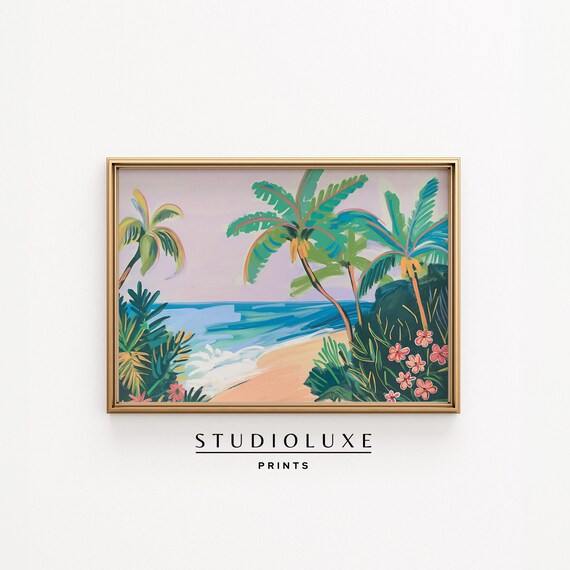 Tropical Island Beach with Palm Trees Colorful Island Art Poster