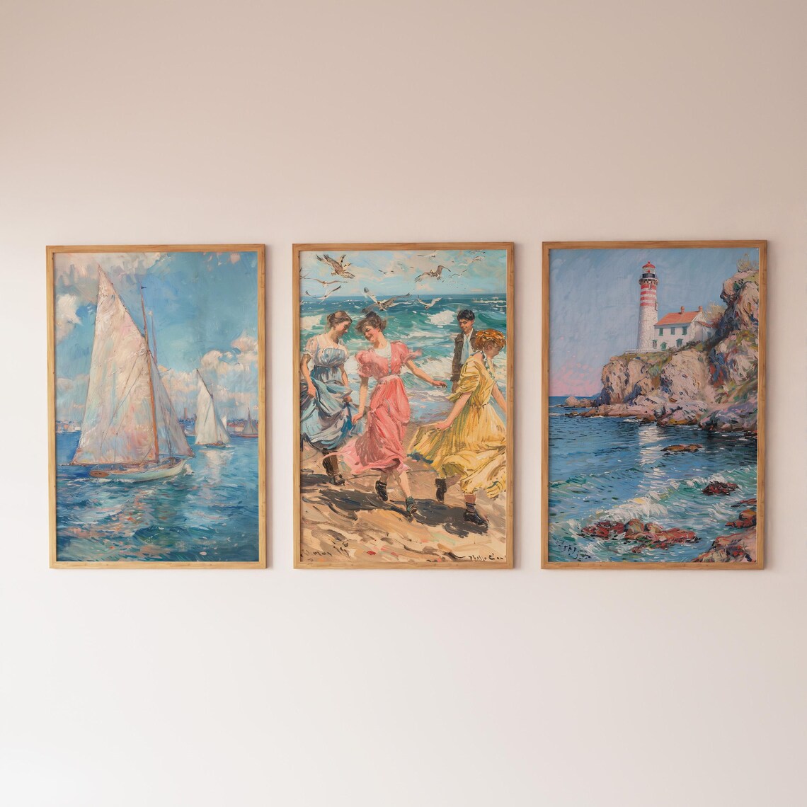 Set of 3 Vintage Coastal Paintings Gallery Wall Trio Art Print