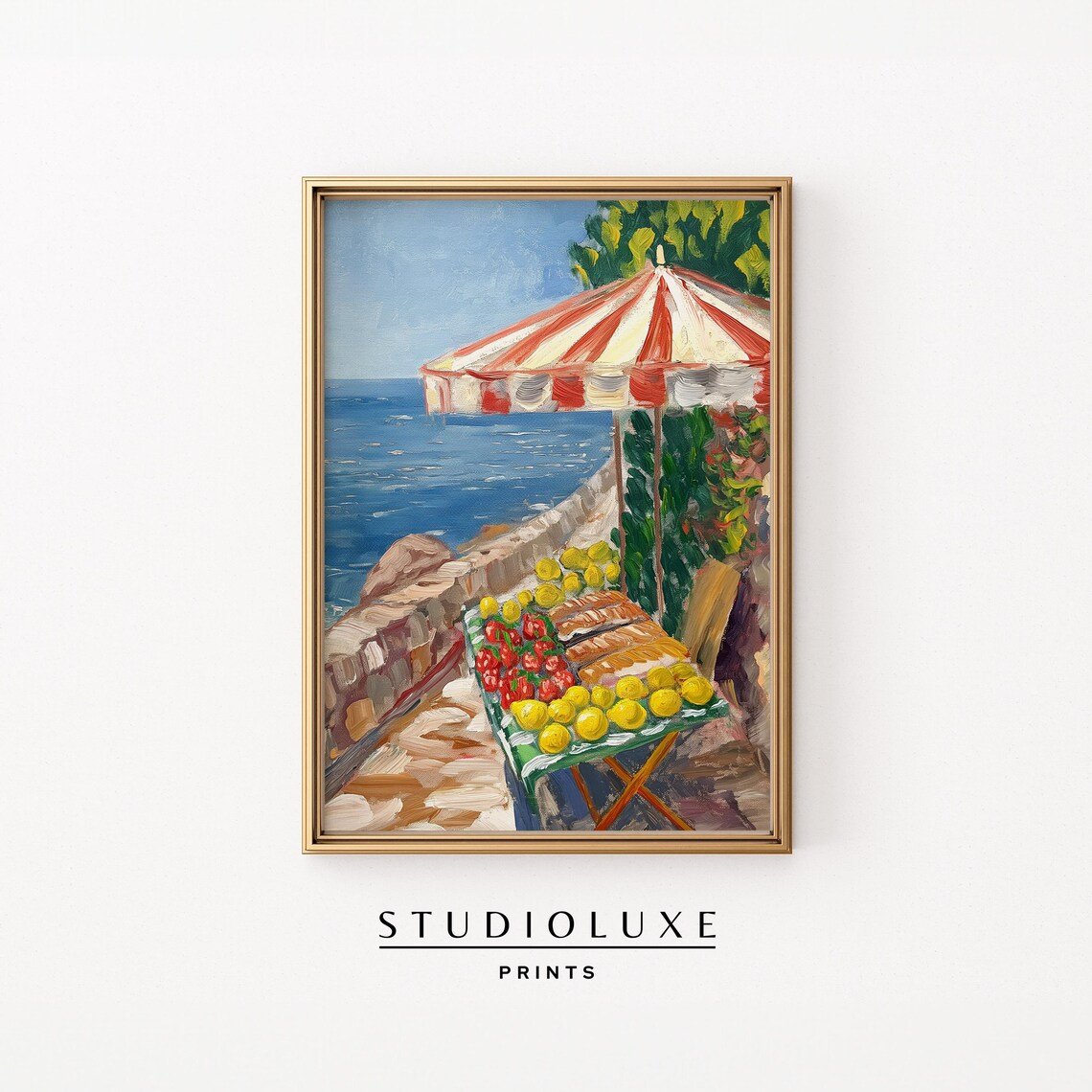 Italian Seaside Fruit Stand Under Striped Umbrella Oil Poster