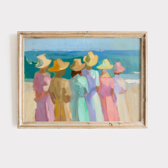 Six Women Pastel Dresses Sun Hats Facing Turquoise Sea Art Poster