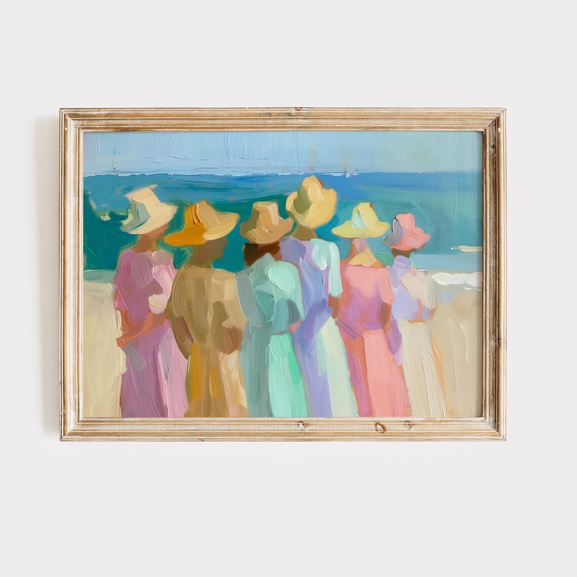 Six Women Pastel Dresses Sun Hats Facing Turquoise Sea Art Poster