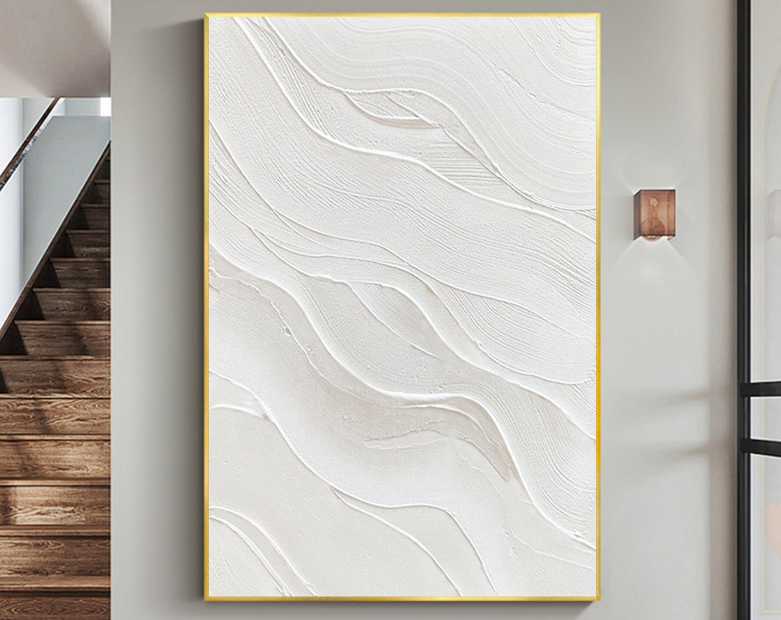Minimalist All White Textured Wave Abstract Relief Oil Poster