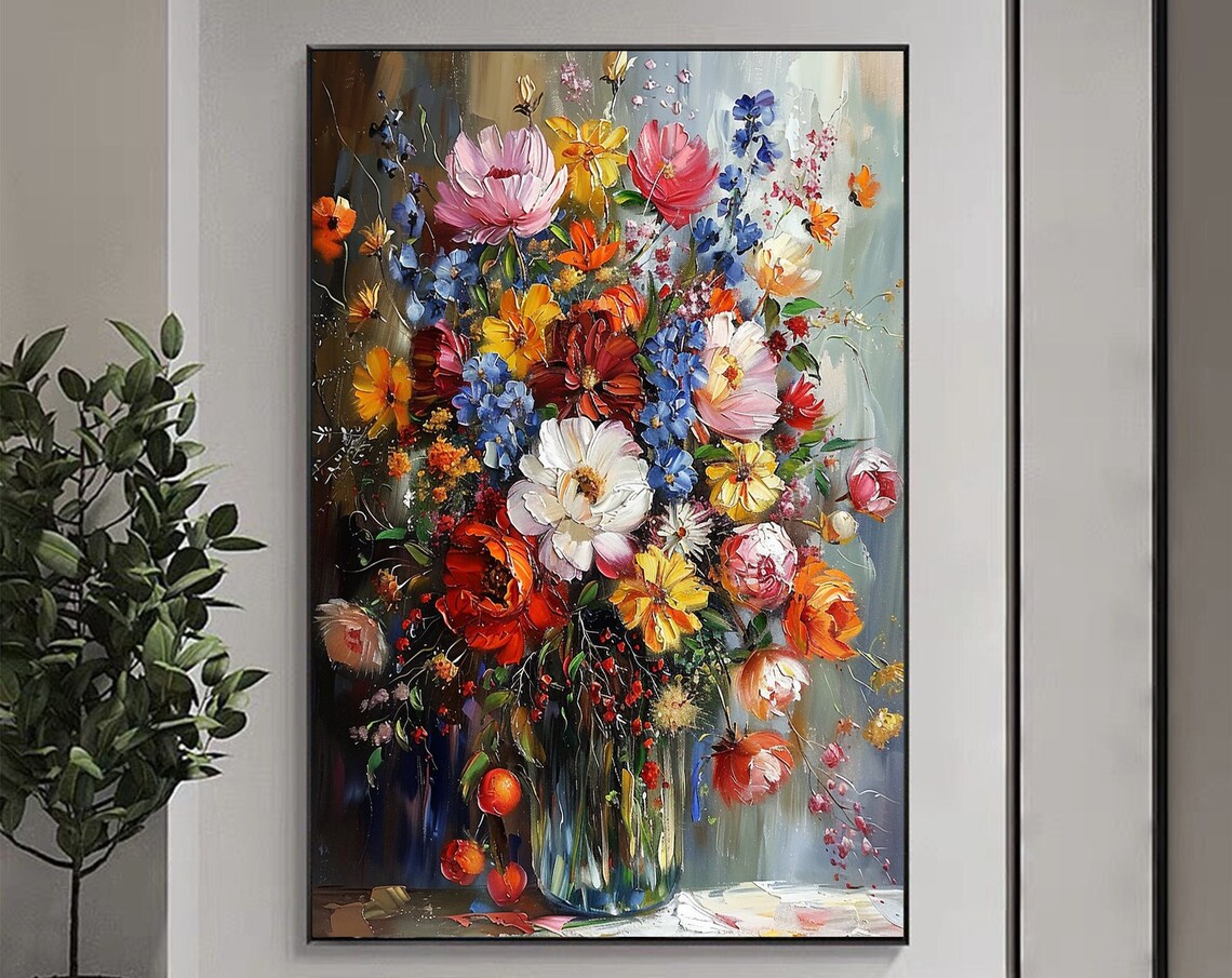 Colorful Flower Bouquet Glass Vase Vertical Oil Painting Poster