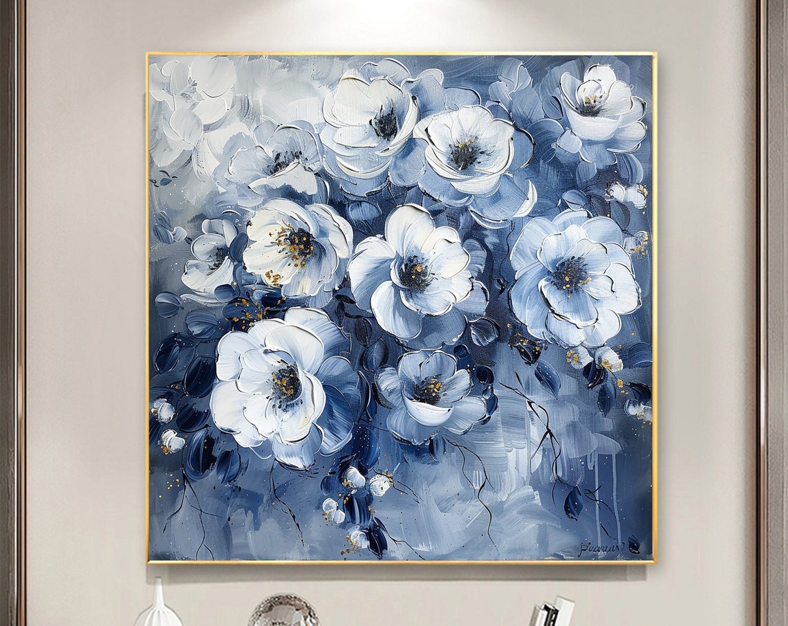 Elegant White Anemone Flowers on Deep Blue with Gold Speckle Poster