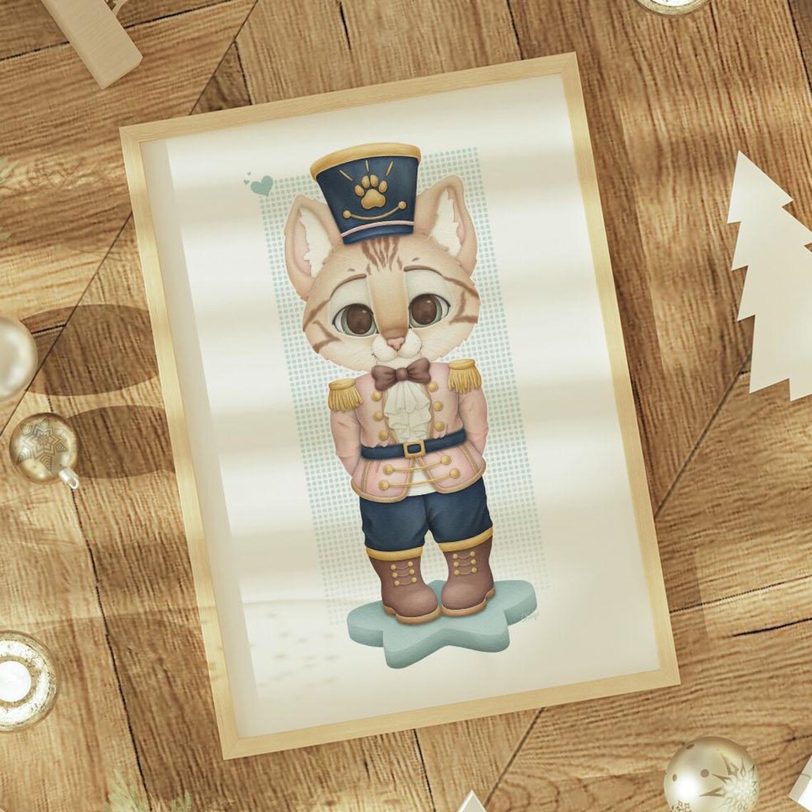 Cute Tabby Kitten Nutcracker Soldier Pastel Christmas Standing Art Print