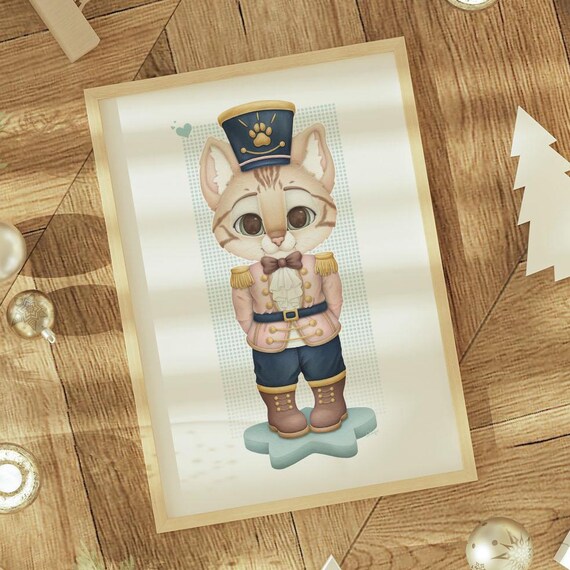 Cute Tabby Kitten Nutcracker Soldier Pastel Christmas Standing Art Print