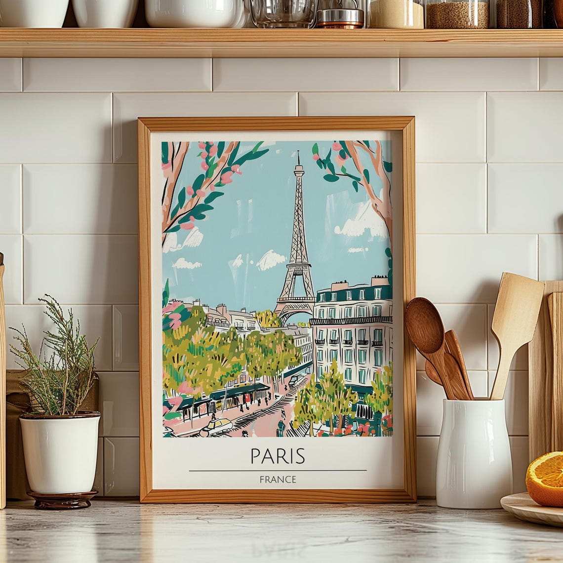 Paris France Eiffel Tower Spring Blossom Boulevard Illustration Poster - Image 2