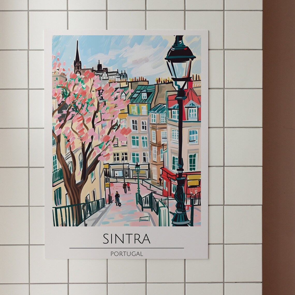 Sintra Portugal Pink Blossom Hillside Street Spring Travel Poster - Image 2
