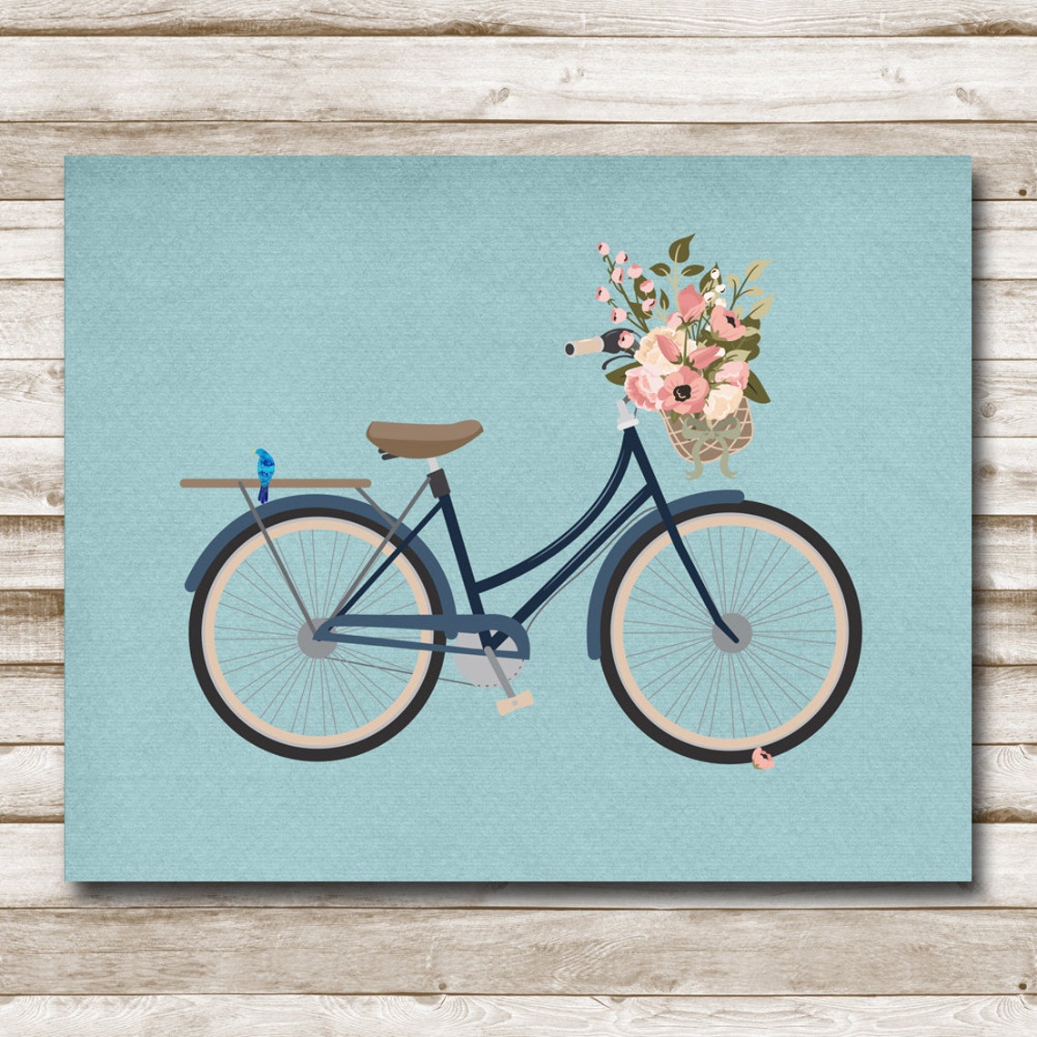 Navy Bicycle Flower Basket Teal Background Illustration Poster - Image 4