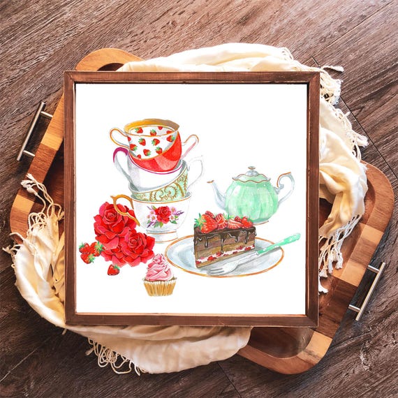 Tea Time Square Home Decor Kitchen Wall Art 4x4 Up To 20x20 Watercolor Tea Pot Art Kitchen Decor Bakery Sign Tea Cups Diy Decor