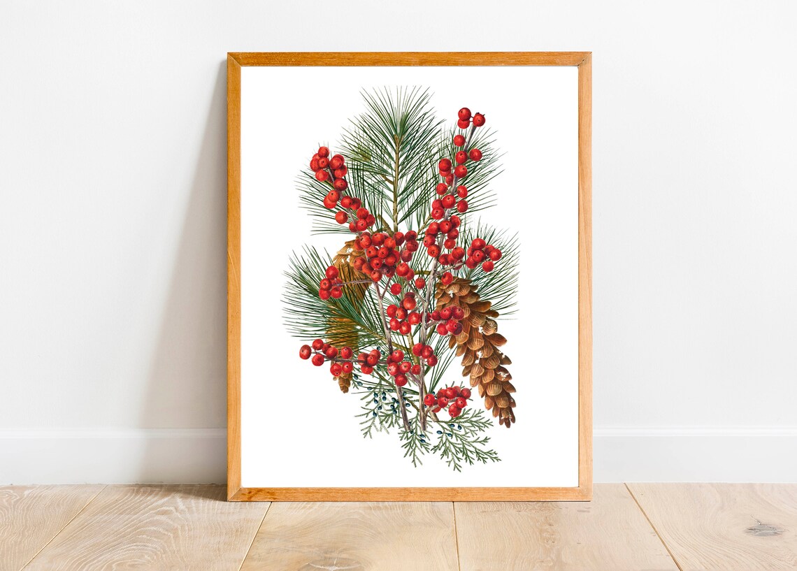 Christmas Pine and Red Berry Watercolor Botanical Holiday Poster - Image 3