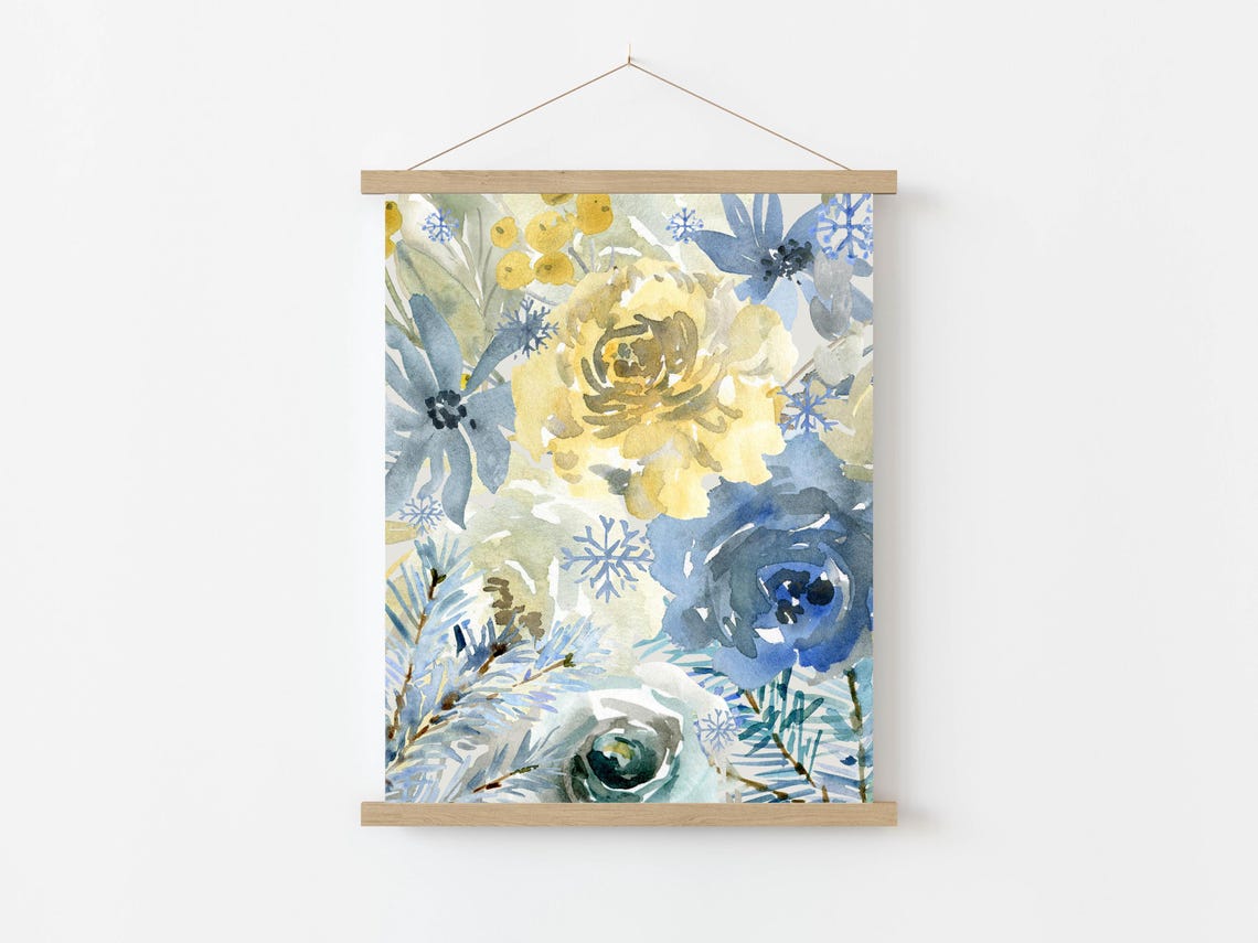 Frosty Blue Gold Winter Floral Collage Watercolor Snowflake Poster - Image 4