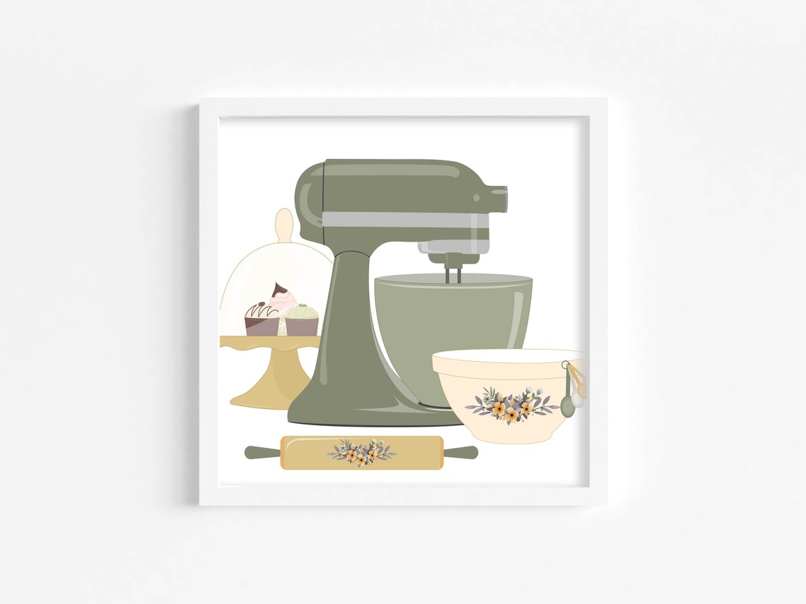 Sage Green Stand Mixer Baking Kitchen Illustration Floral Bowl Poster - Image 2