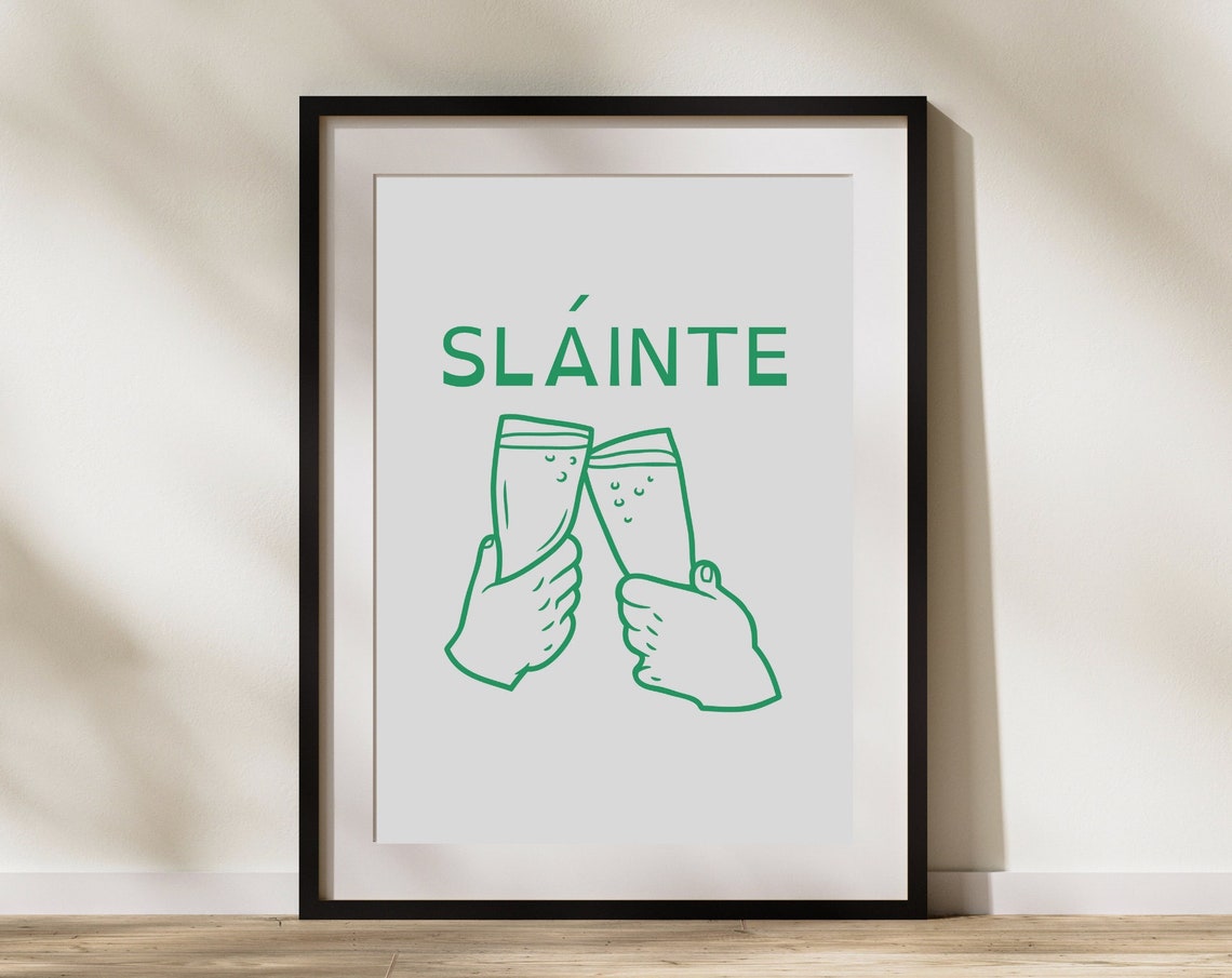 Slainte Irish Cheers St Patricks Day Green Toasting Glasses Wall Art