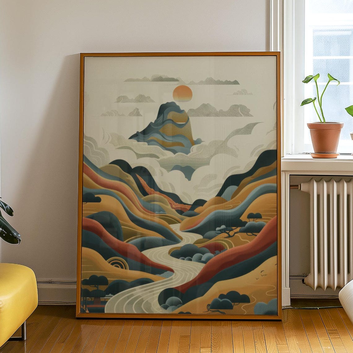 Japandi Mountains River Valley Sunset Minimal Landscape Poster