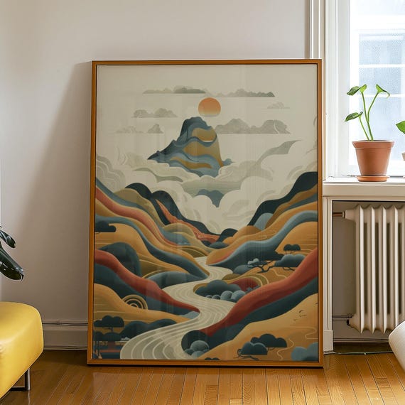 Japandi Mountain Wall Art Wabi Sabi Landscape Print Neutral Nature Poster Calm Zen Decor For Modern Minimal Home