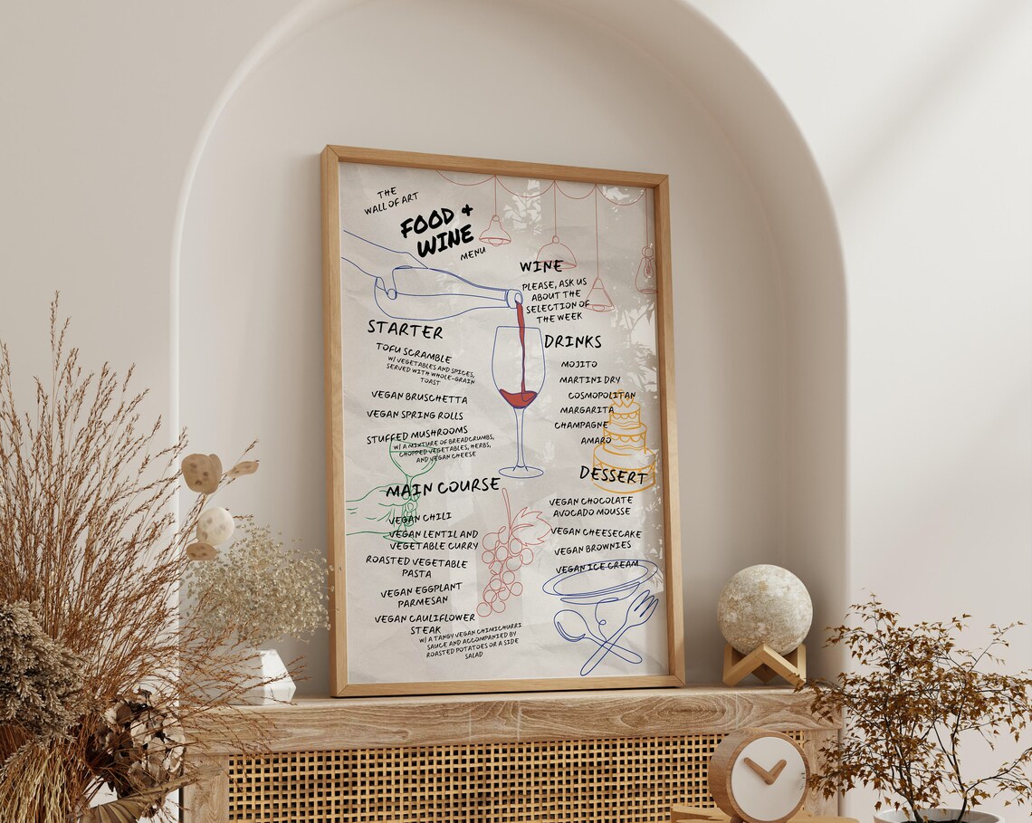 Food and Wine Menu Poster Hand Drawn Vegan Restaurant Kitchen Wall Decor - Image 3