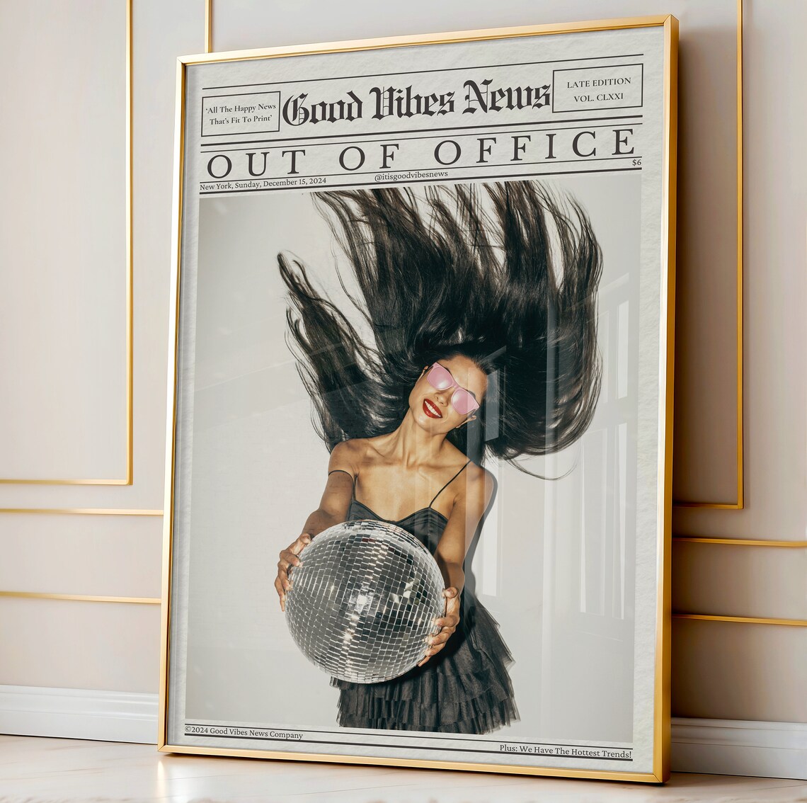 Out Of Office Disco Ball Girl Flowing Hair Party Newspaper Poster - Image 3