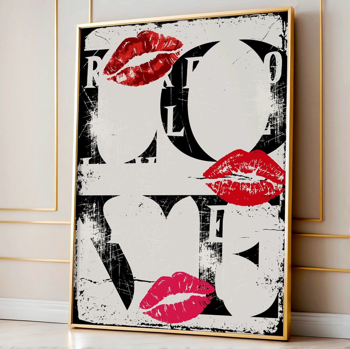 Love Typography Red Kiss Marks Distressed Black White Poster - Image 2