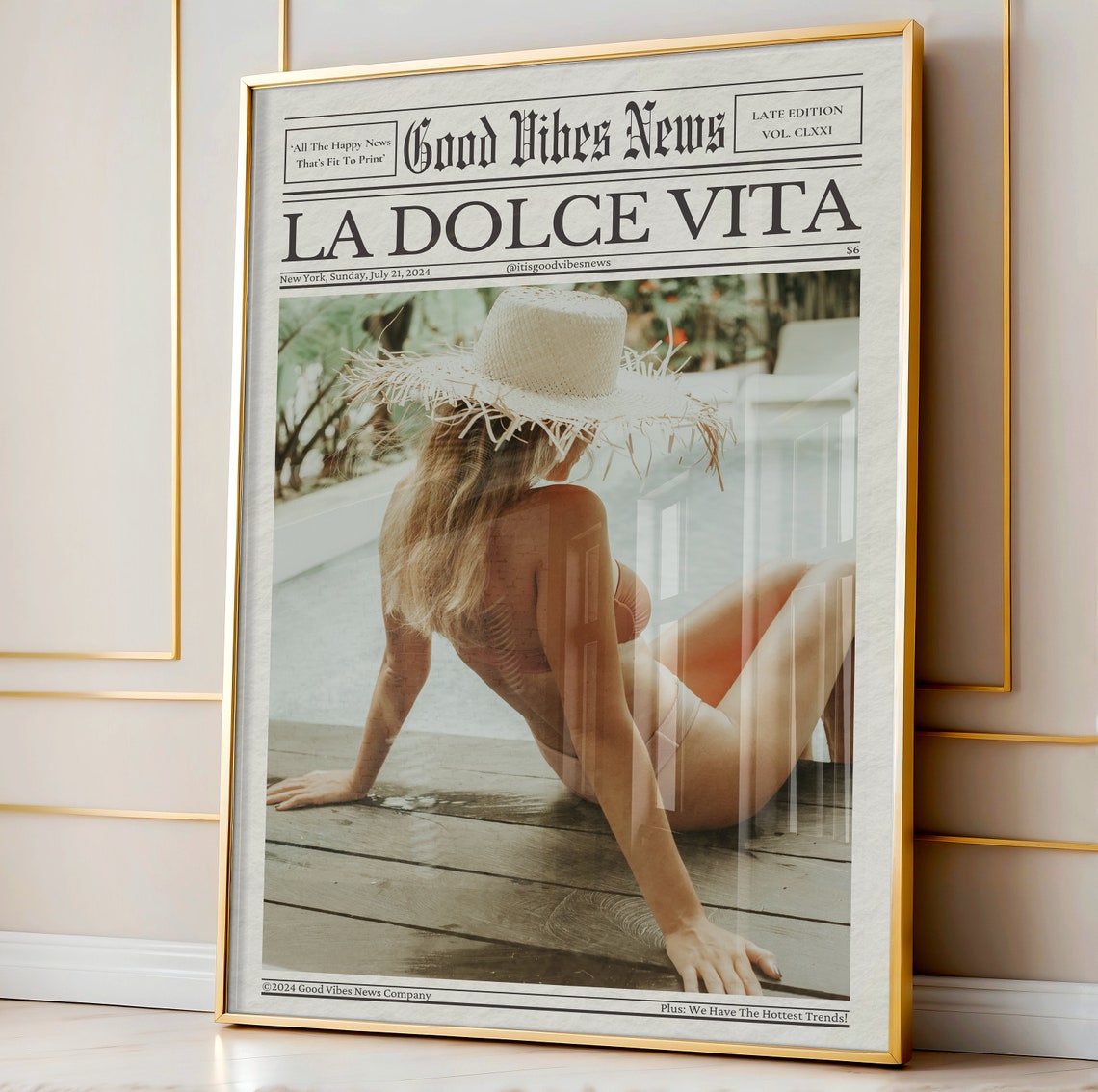Good Vibes News La Dolce Vita Poolside Sunhat Summer Newspaper Poster