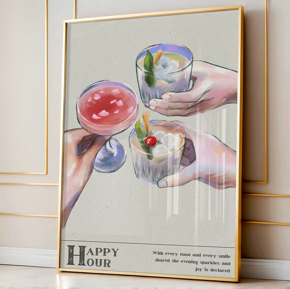 Happy Hour Cocktail Cheers Illustration Friends Toast Bar Poster