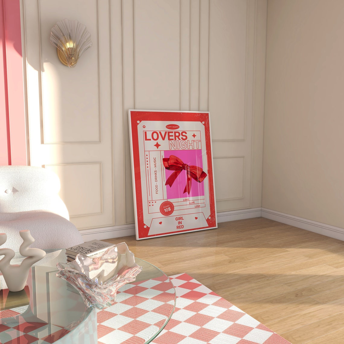 Lovers Night Ticket Stub Poster Red Bow Valentine Bar Cart Art - Image 2