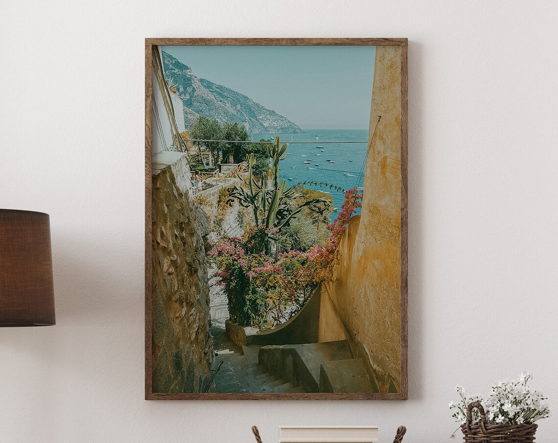 Positano Amalfi Coast Stone Stairway Sea View Photography Poster