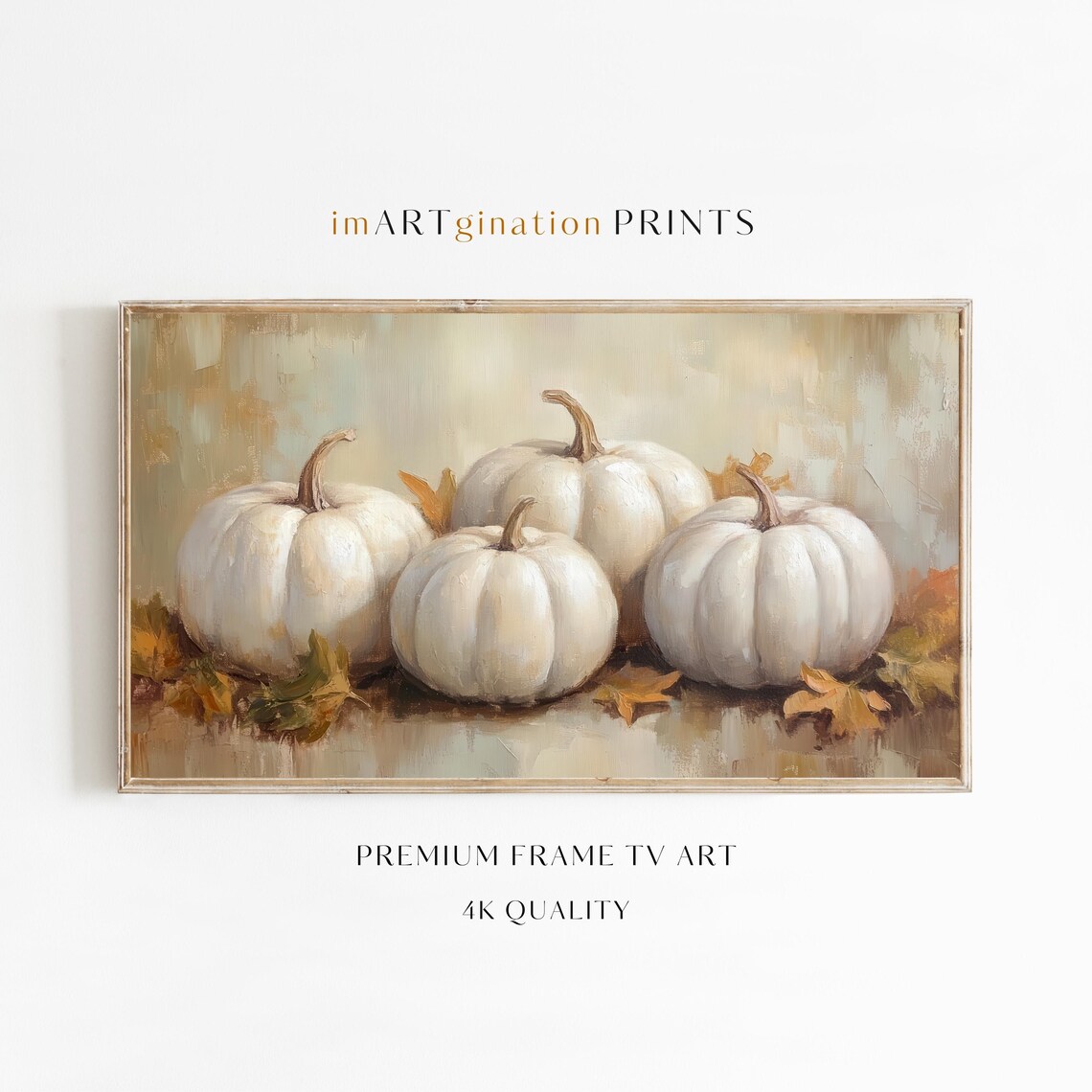 Four White Pumpkins Soft Fall Background Vintage Autumn Oil Painting Poster
