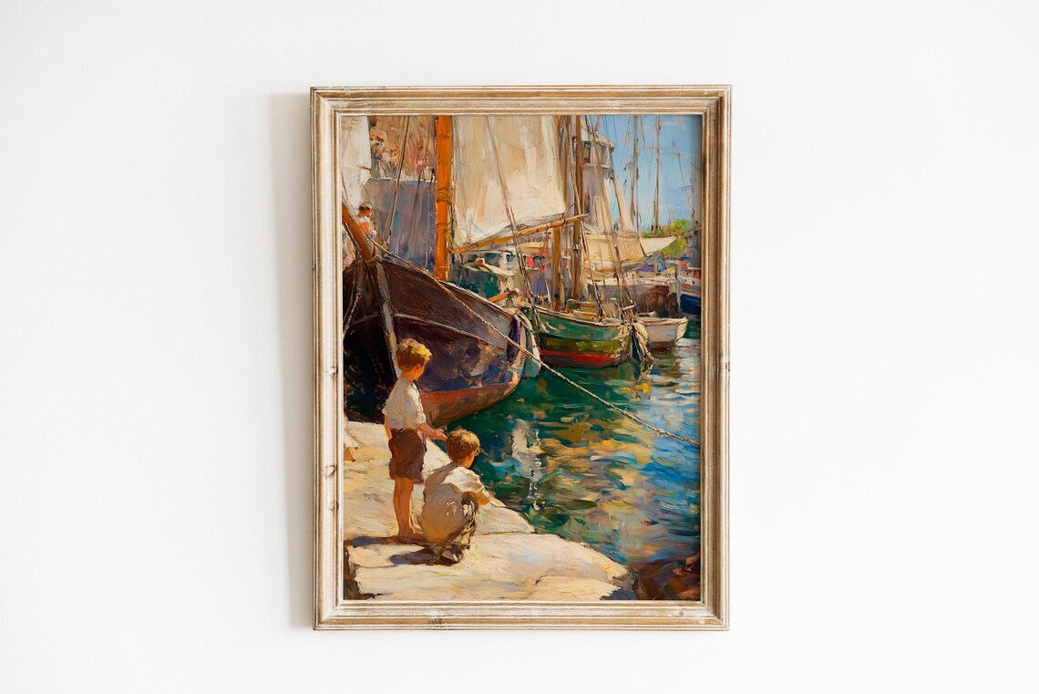 Two Boys At Sunny Harbor Dock With Moored Sailboats Impressionist Poster