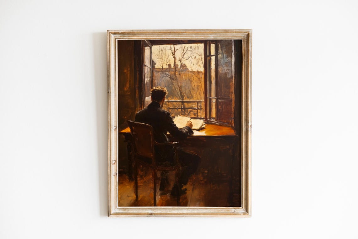 Man Reading At Window Dark Vintage Interior Oil Painting Poster