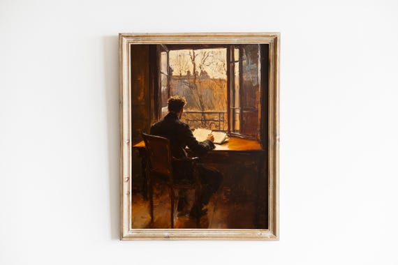 Moody Solitary Writer At Desk Vintage Interior Wall Art Cozy Atmosphere Study Decor Warm Light 165