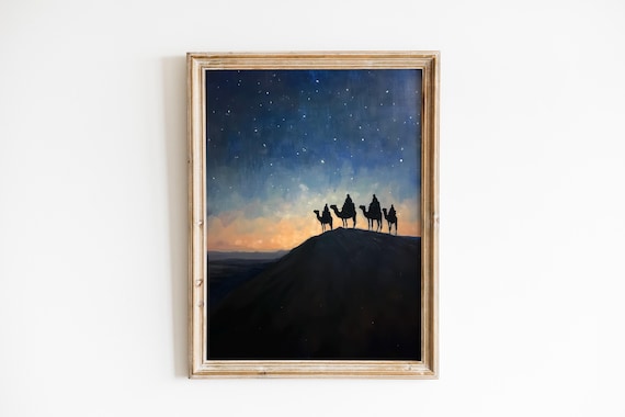 Camel Caravan Silhouette On Desert Dune Starry Night Sky Moody Wall Art