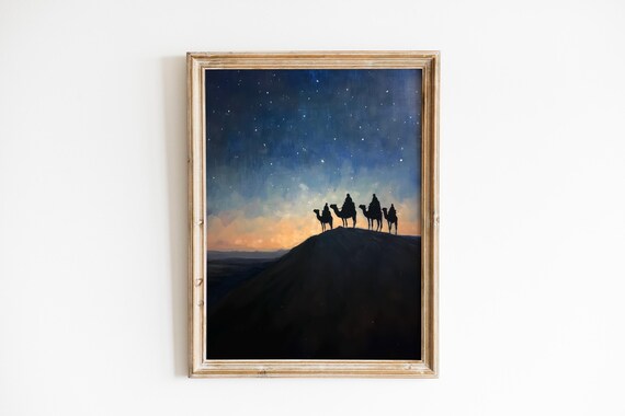 Moody Desert Caravan Silhouette Starry Night Scene Dramatic Dune Landscape Rustic Minimalist Decor Twilight Painting 1213