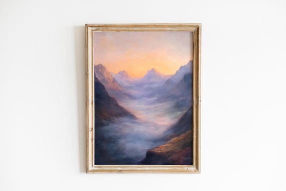Mountain Landscape At Dawn Print Misty Peaks Art Serene Vintage Decor Tranquil Wall Foggy Valley Scene 355